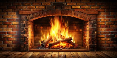 Rustic Brick Fireplace with Burning Fire, Wooden Mantel - Isolated Stock Photo