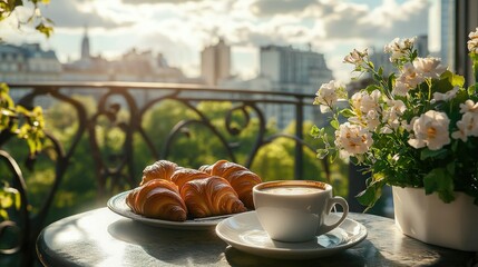 A breakfast table on a balcony overlooking a city or nature