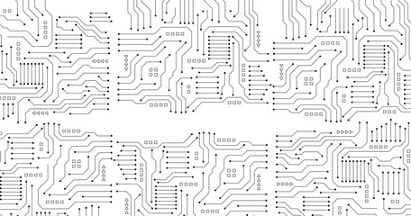 Technology style concept. Circuit board on white background. Electrical connection system, electronic circuit, black line style. left copy space or empty.