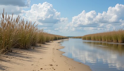 Serene Coastal Marshland with Lush Grass and Tranquil Waterway