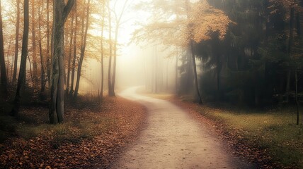 Fototapeta premium Autumn path winding through misty forest