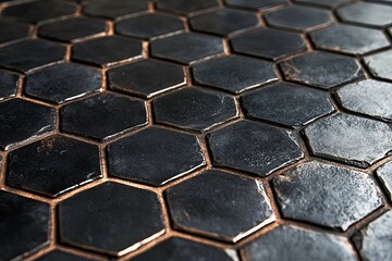 A close up view of black hexagonal tiles and their grout