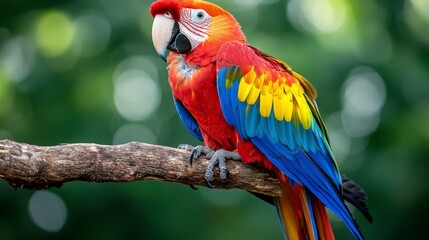 Obraz premium Vibrant scarlet macaw perched on a dark brown branch against a blurred green background. The bird's plumage shows red, yellow, and blue feathers.
