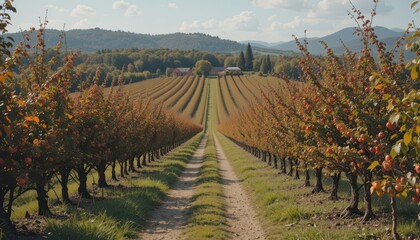 Naklejka premium Scenic Orchard Landscape with Rows of Apple Trees in Autumn