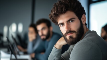 Fototapeta premium Portrait of a focused young man in a professional office setting