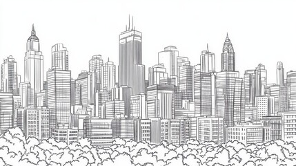 Naklejka premium Panoramic Line Drawing of a Modern City Skyline with Treetops