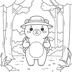 Cute bear with backpack in forest illustration coloring page