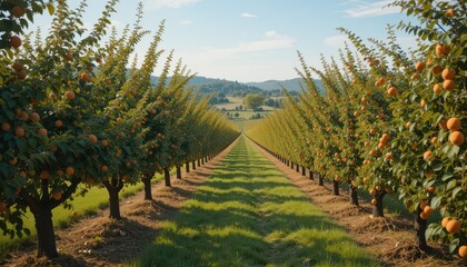 Obraz premium Lush Fruit Orchard Pathway Surrounded by Vibrant Trees and Greens