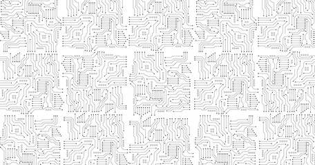 Technology style concept. Circuit board on white background. Electrical connection system, electronic circuit, black line style. left copy space or empty.