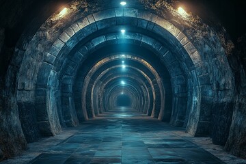 An endless tunnel with multiple archways and illumination