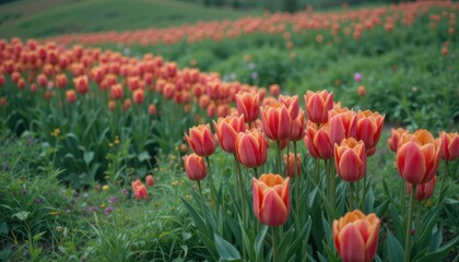 Vibrant Tulip Field in Springtime under Bright Blue Sky
