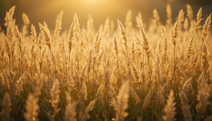 Fototapeta premium Golden Sunset Over Tranquil Field of Wheat and Grass Blades