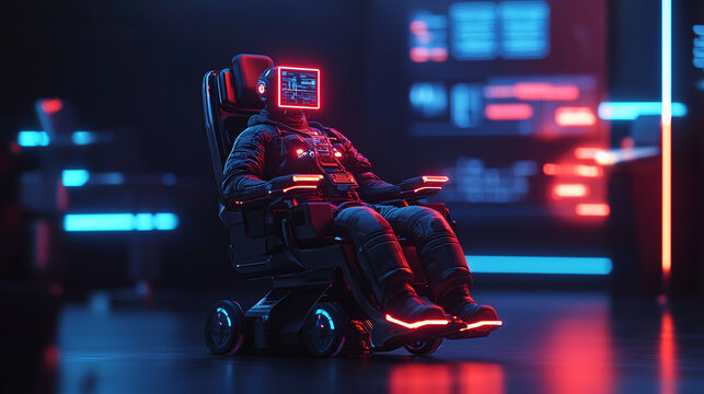 futuristic robotic wheelchair with AI interface assists patient in high tech environment, illuminated by neon lights. scene conveys innovation and advanced technology