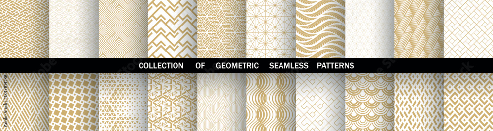 Poster Geometric set of seamless black and golden patterns. Simple vector graphics