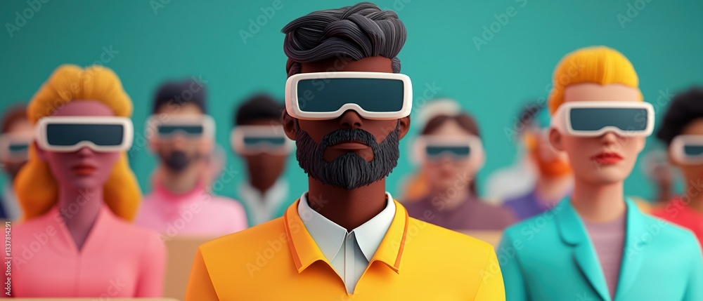 Poster virtual learning resources concepts. diverse group wearing 3d glasses at a colorful event.
