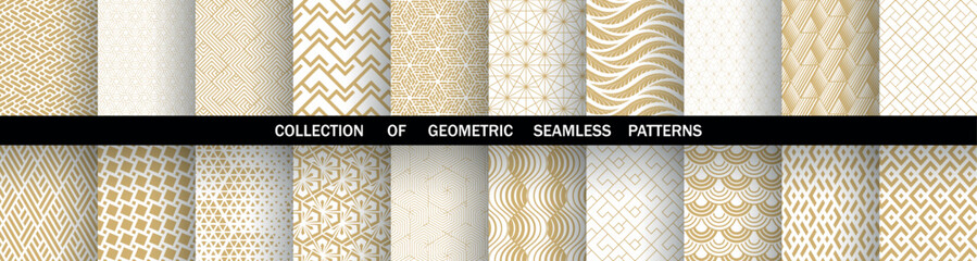 Geometric set of seamless black and golden patterns. Simple vector graphics