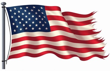 Obraz premium Waving rippled US flag on flagpole with transparent cut out background. American patriotic symbol with red stripes and stars graphic element for Independence Day. National identity sign.