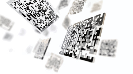 The image depicts numerous black and white QR codes of varying sizes and levels of focus, appearing to float and scatter against a white background.  The codes are partially blurred, suggesting