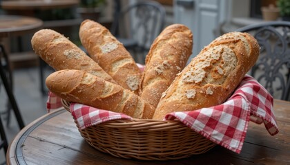 Freshly Baked Baguettes in a Rustic Basket with Checkered Cloth