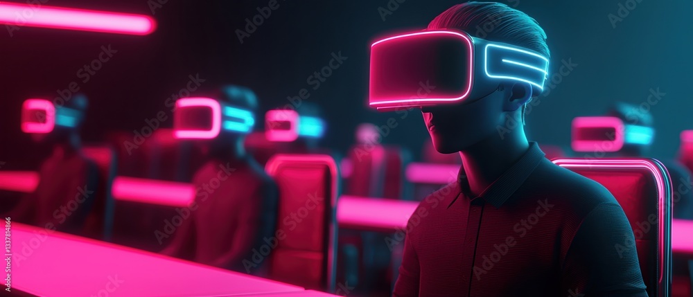 Poster virtual learning resources concepts. futuristic scene of users immersed in virtual reality experienc