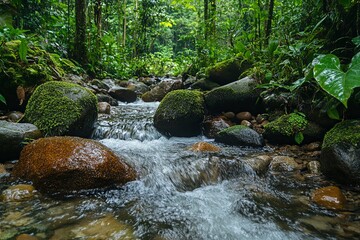 Obraz premium A flowing stream meanders through a lush green forest environment