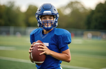 Portrait of teen boy in blue uniform holds american football on green field. Young happy player in helmet smiles. American football theme. Youth sport activity concept.