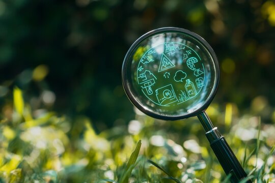 Magnifying glass focuses on various digital icons, suggesting a search for specific online services
