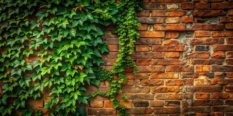 Rustic Weathered Brick Wall with Climbing Ivy Grunge Texture Background Stock Photo