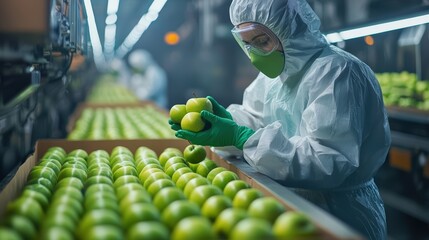 Workers carefully sorting and packing green apples in a warehouse