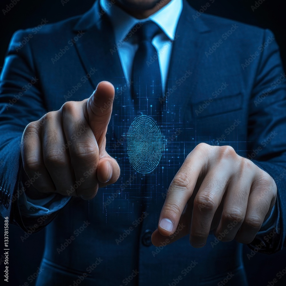 Poster close up of a businessman in a dark suit using his index fingers to interact with a digital brain in