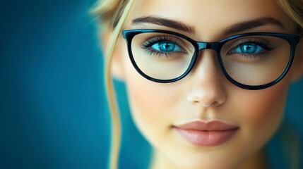 Fototapeta premium Close up portrait of a young woman with bright blue eyes wearing black framed glasses against a teal background. Soft lighting enhances her features.
