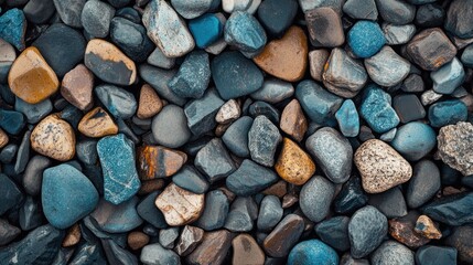 Colorful, varied pebbles cover the ground.  Close-up view of diverse shapes and colors