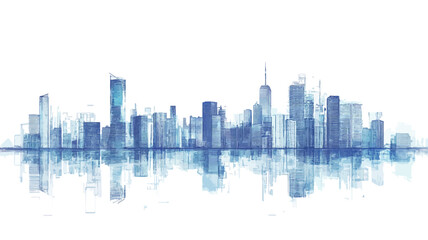 An illustration depicting a stylized cityscape skyline in shades of blue.  The buildings are simplified, almost abstract in form.  The skyline is reflected in calm water at the base of the image,