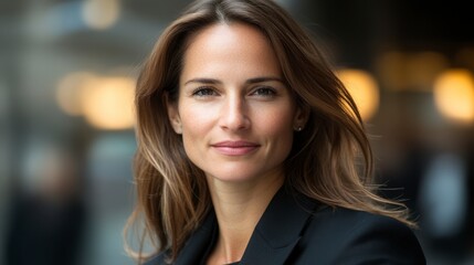 Fototapeta premium Portrait of a woman with light brown hair and freckles, wearing a dark blazer. Soft, natural light illuminates her face against a blurred city background. 
