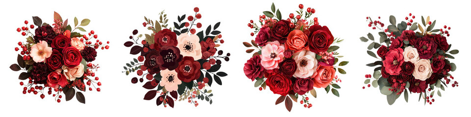 Obraz premium Beautifully arranged bouquets featuring vibrant red and pink roses with lush greenery and other complementary flowers