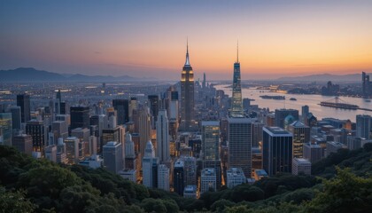 Fototapeta premium Vibrant Sunset Over Iconic City Skyline with Skyscrapers and River
