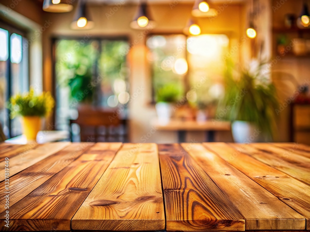 Poster rustic wooden table top with blurred room background - empty space for product display
