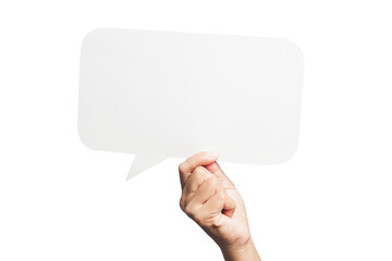 Elderly hand holding a blank speech bubble against a transparent background.