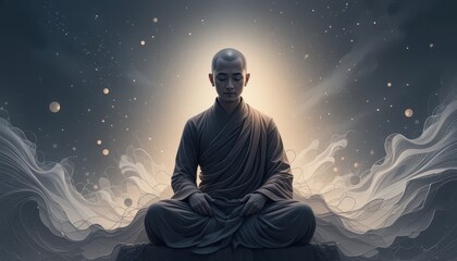 Fototapeta premium Serene Meditation of a Monk Surrounded by Ethereal Light and Calm