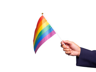 Hand holding a small LGBTQ+ flag against a transparent background.