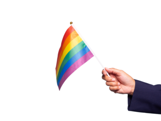 Hand holding a small LGBTQ+ flag against a transparent background.