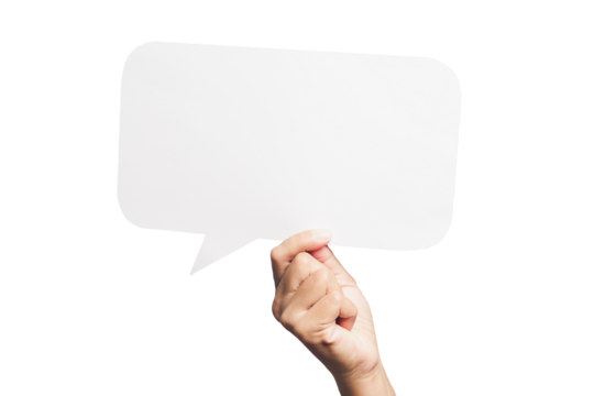 Elderly hand holding a blank speech bubble against a transparent background.