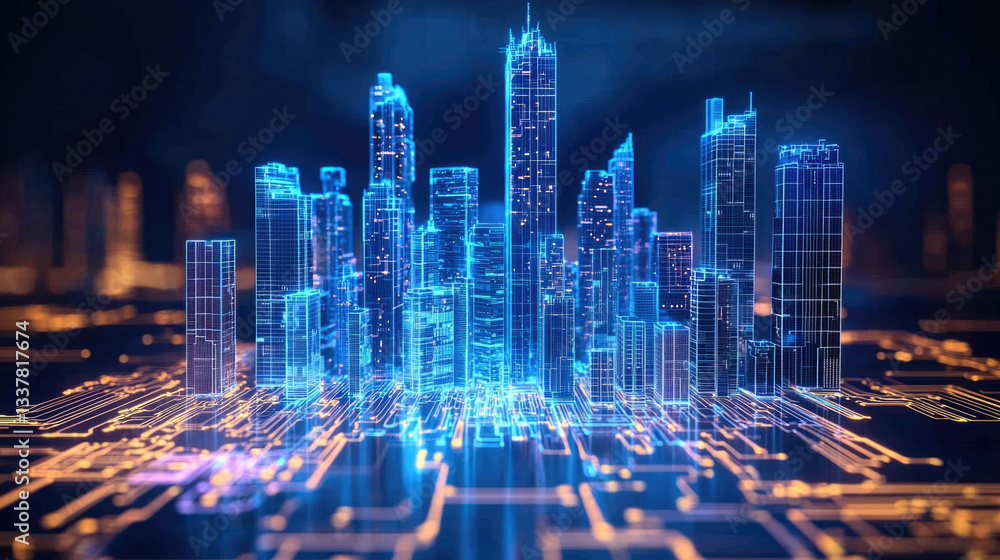 Aufkleber futuristic cityscape with glowing skyscrapers and digital circuit pattern, showcasing advanced techn