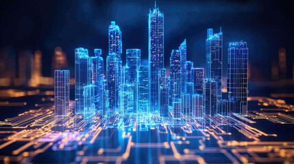 futuristic cityscape with glowing skyscrapers and digital circuit pattern, showcasing advanced technology and innovation