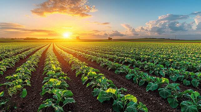 vast farmland with rows of green crops under beautiful sunset, showcasing beauty of nature and agriculture
