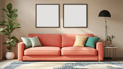 Poster mock-up with two vertical frames on beige wall in living room interior with pastel coral pink sofa, lamp and plant in vase. 3D rendering.Untitled design - 65