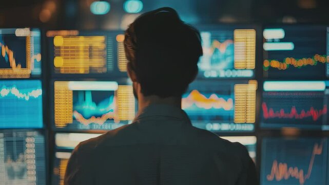 Young stock exchange trader analyzing financial data, tracking market trends, and strategizing investments in a modern office &ndash; behind-the-scenes look