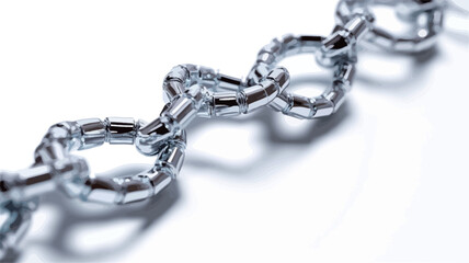 Fototapeta premium Close-up macro photograph of a section of a metallic chain against a pure white background. The image showcases the intricate detail of the interlocked links, highlighting the texture and