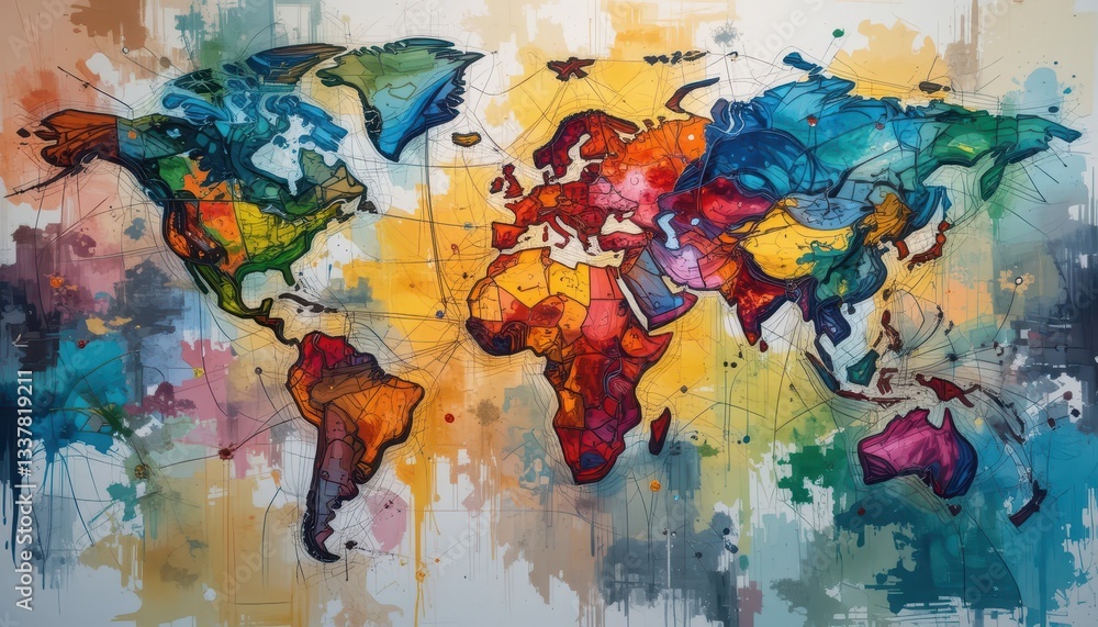 Poster colorful abstract world map art with dynamic shapes and textures
