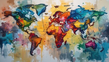Colorful Abstract World Map Art with Dynamic Shapes and Textures
